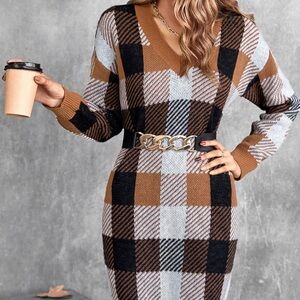Plaid Knit Dress with Chain Belt